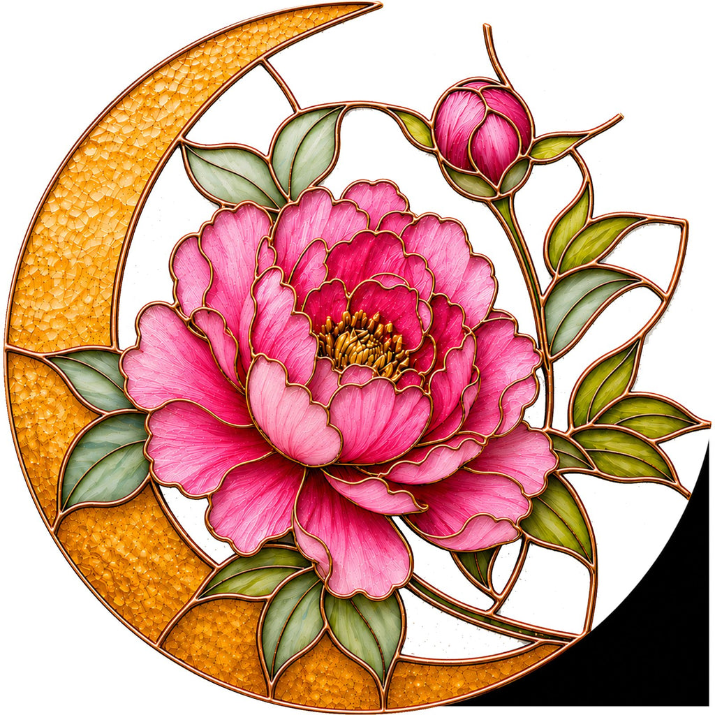 Pink peony crescent moon stained glass suncatcher design
