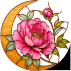 Pink peony crescent moon stained glass suncatcher design