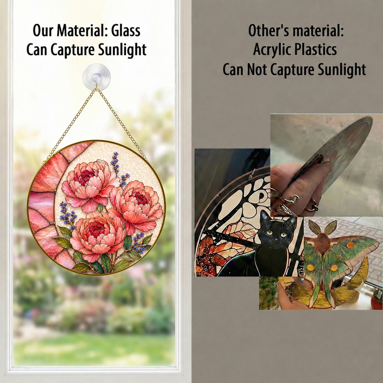 Pink peony stained glass suncatcher with gold frame