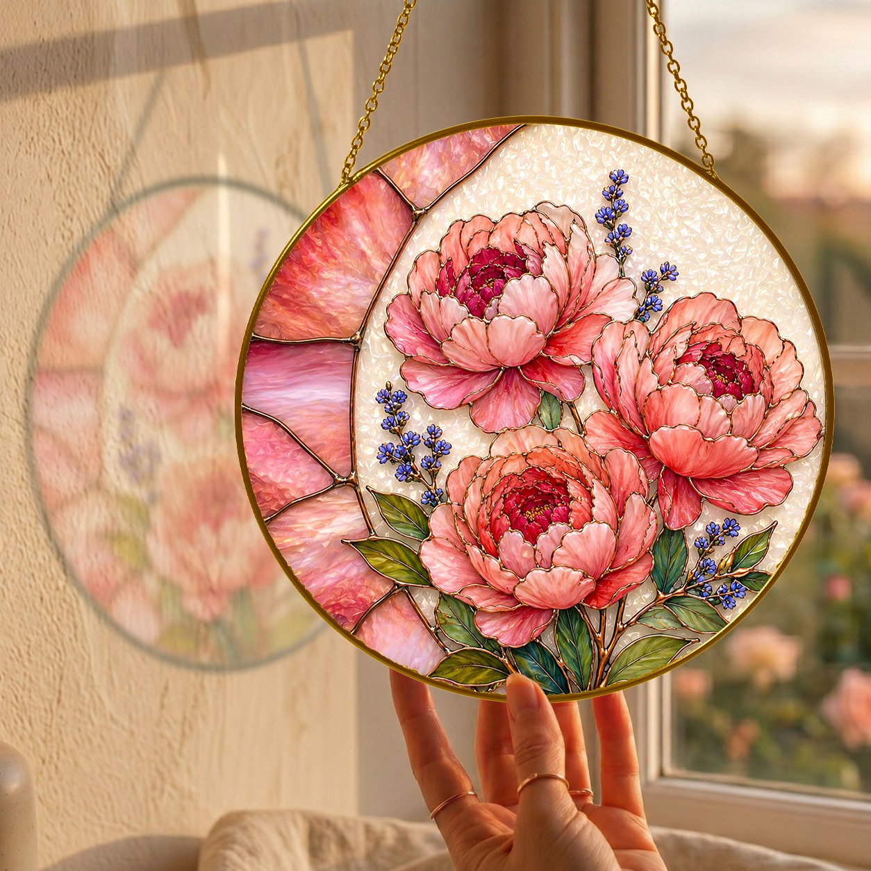 Pink peony stained glass suncatcher view