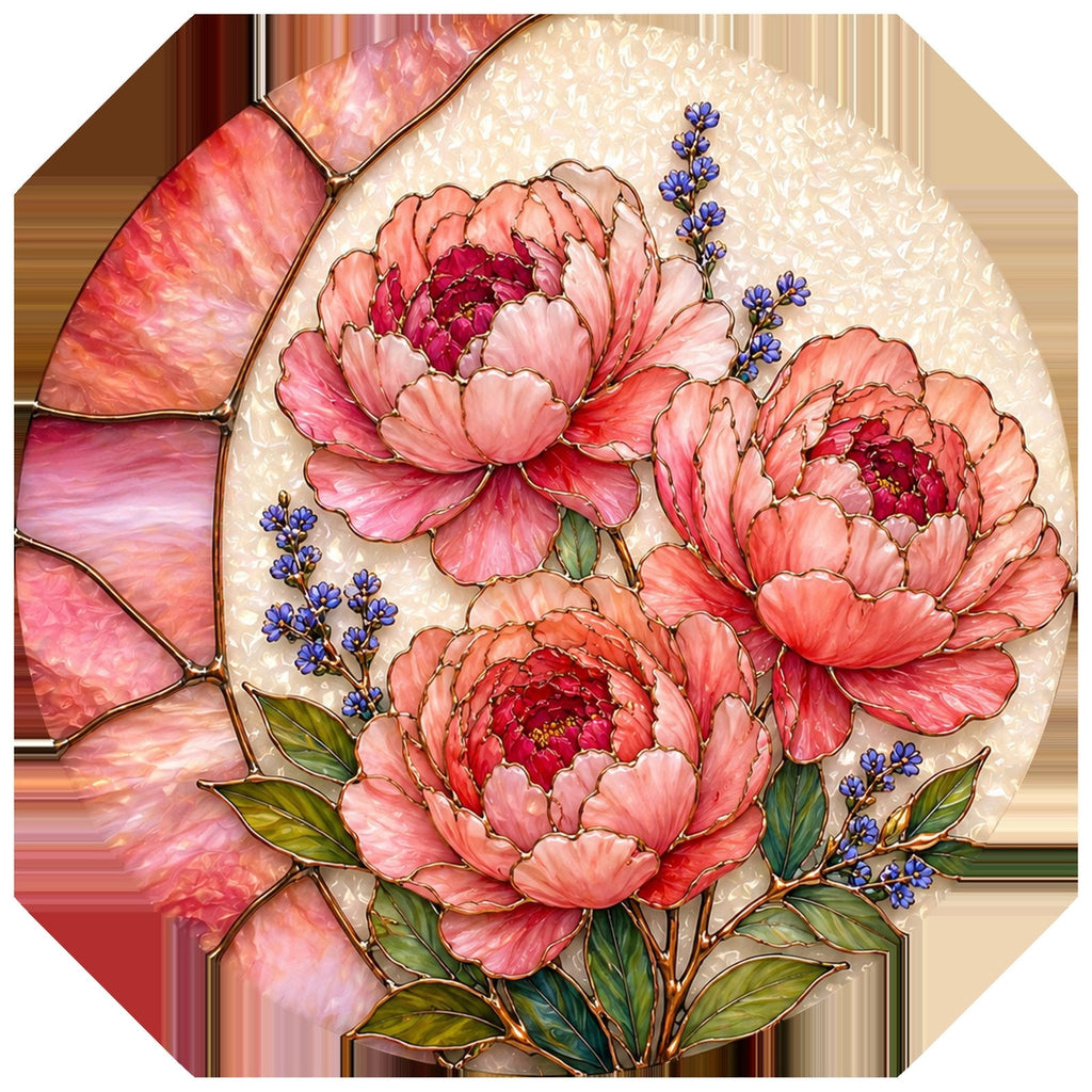 Pink peony stained glass suncatcher design