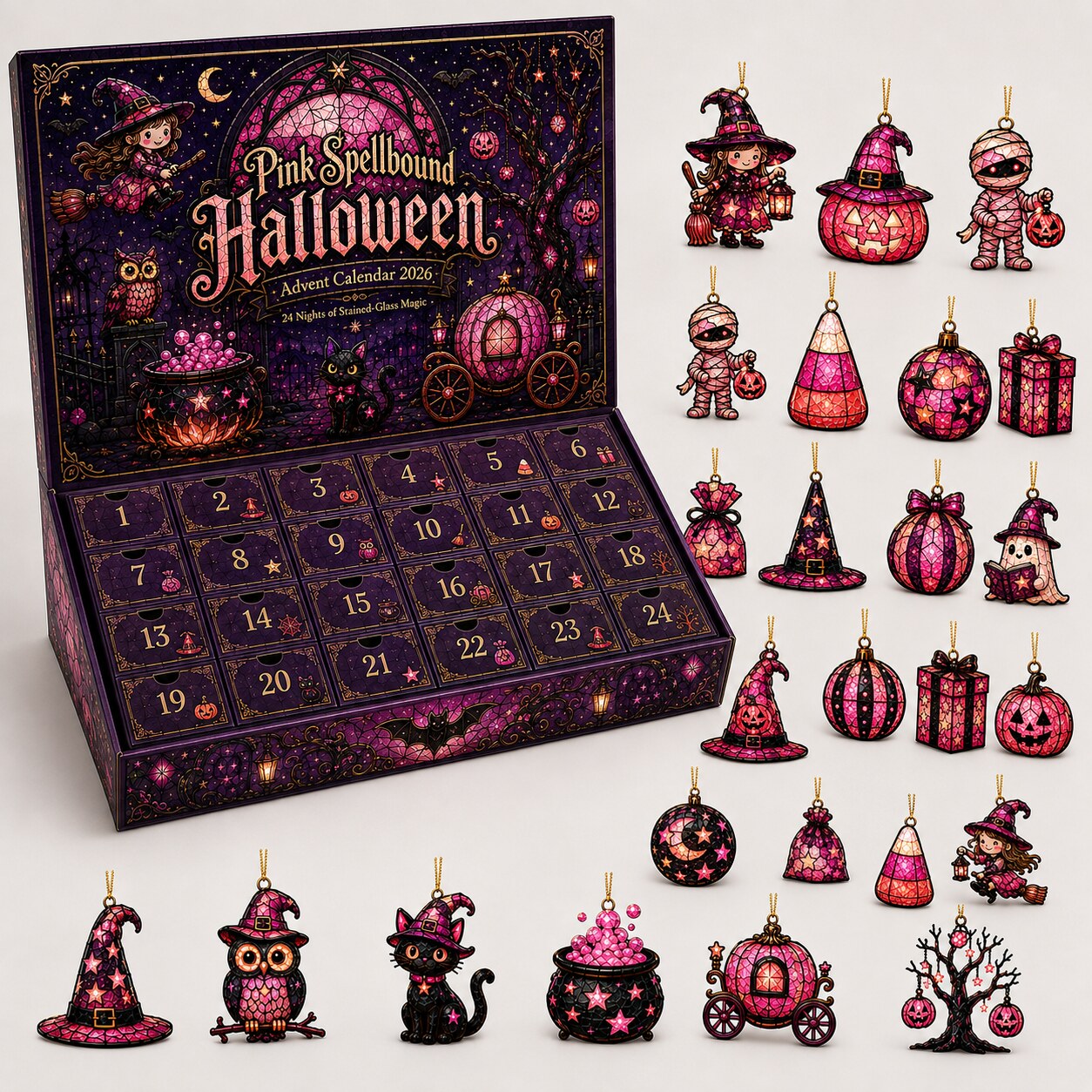 Pink Spellbound Halloween Advent Calendar – 24 Acrylic Ornaments