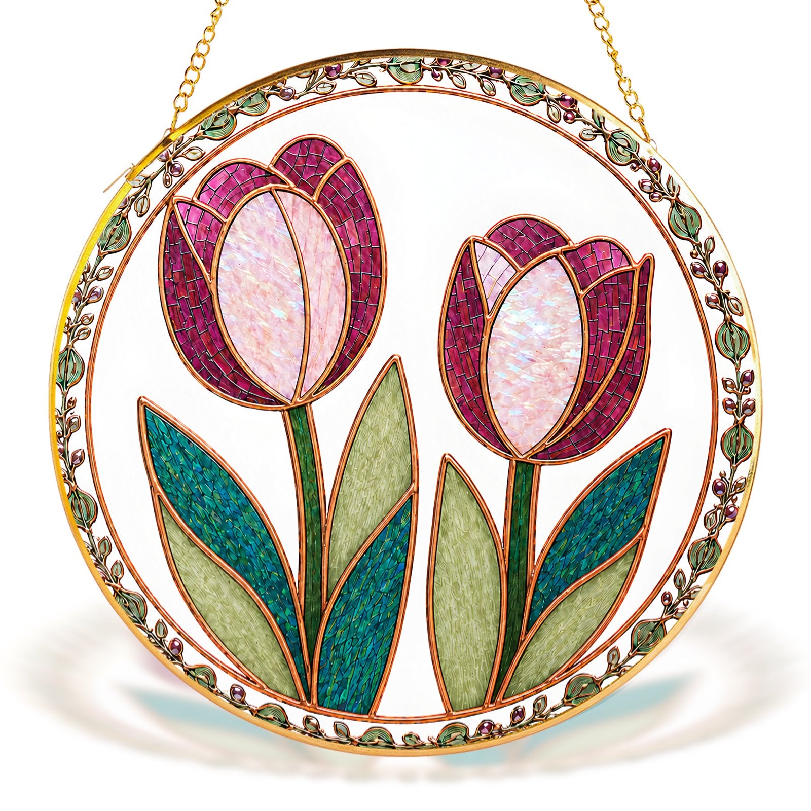Pink tulip stained glass suncatcher hanging in a window