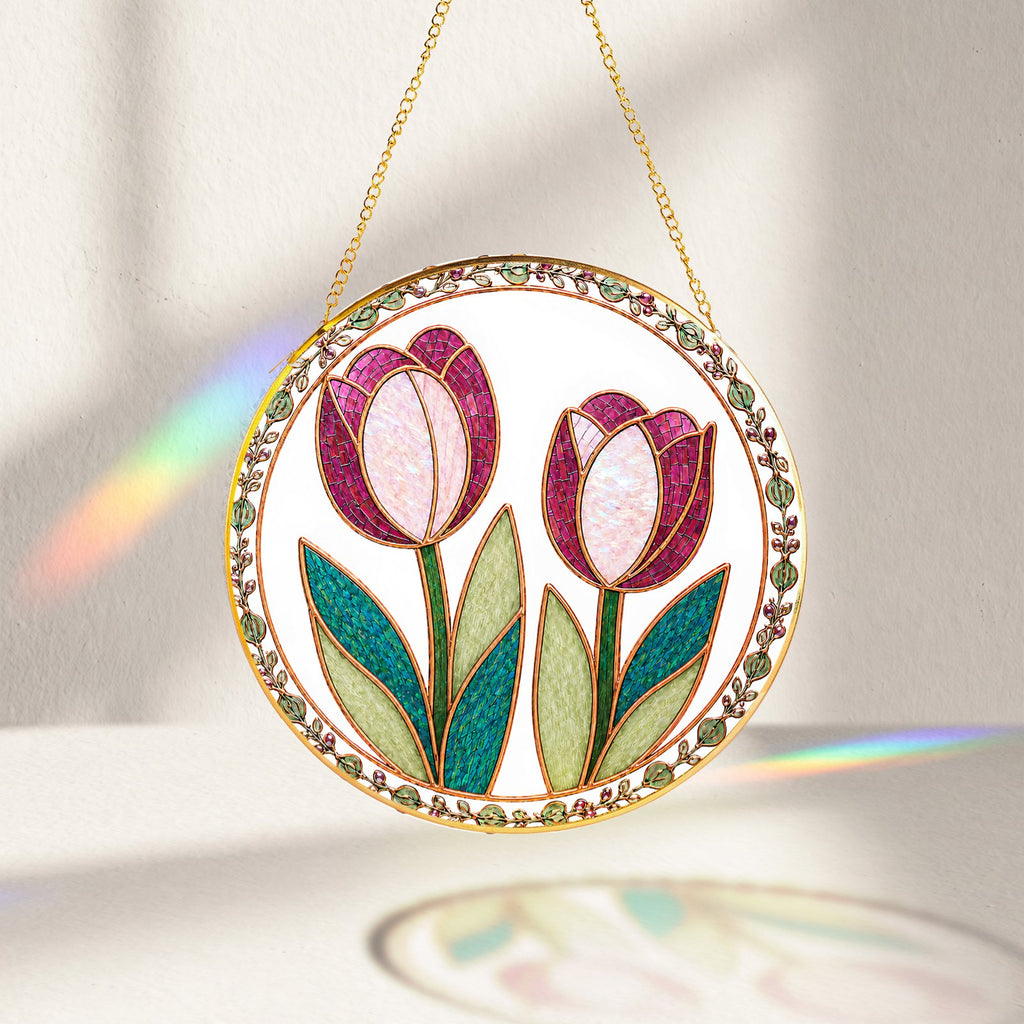 Pink tulip stained glass suncatcher detail