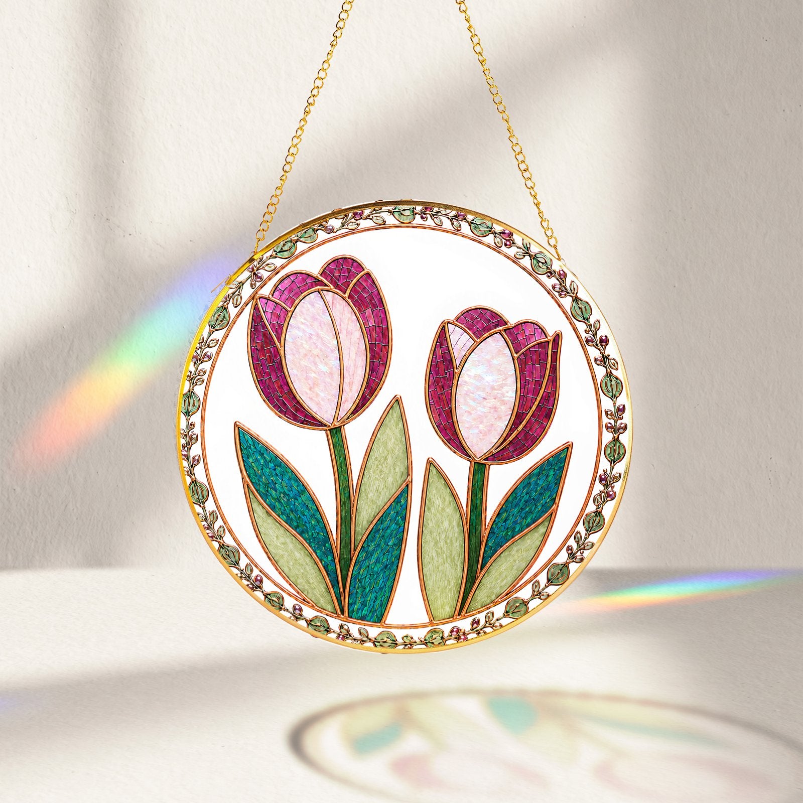 Pink tulip stained glass suncatcher detail