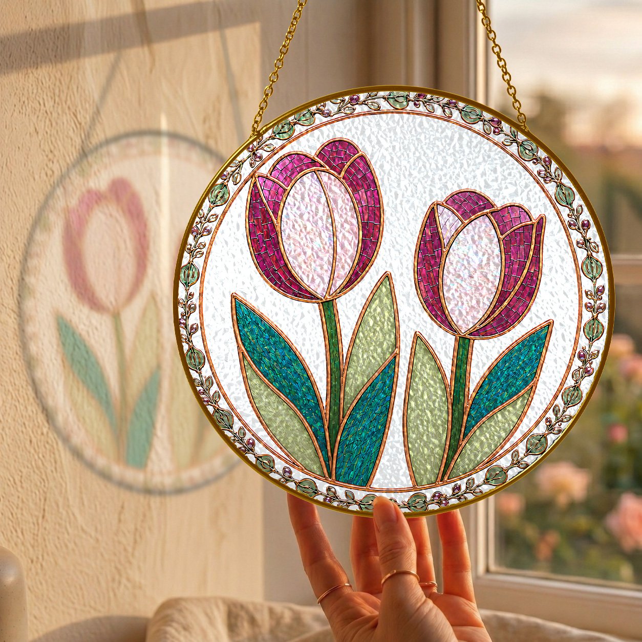 Pink tulip stained glass suncatcher
