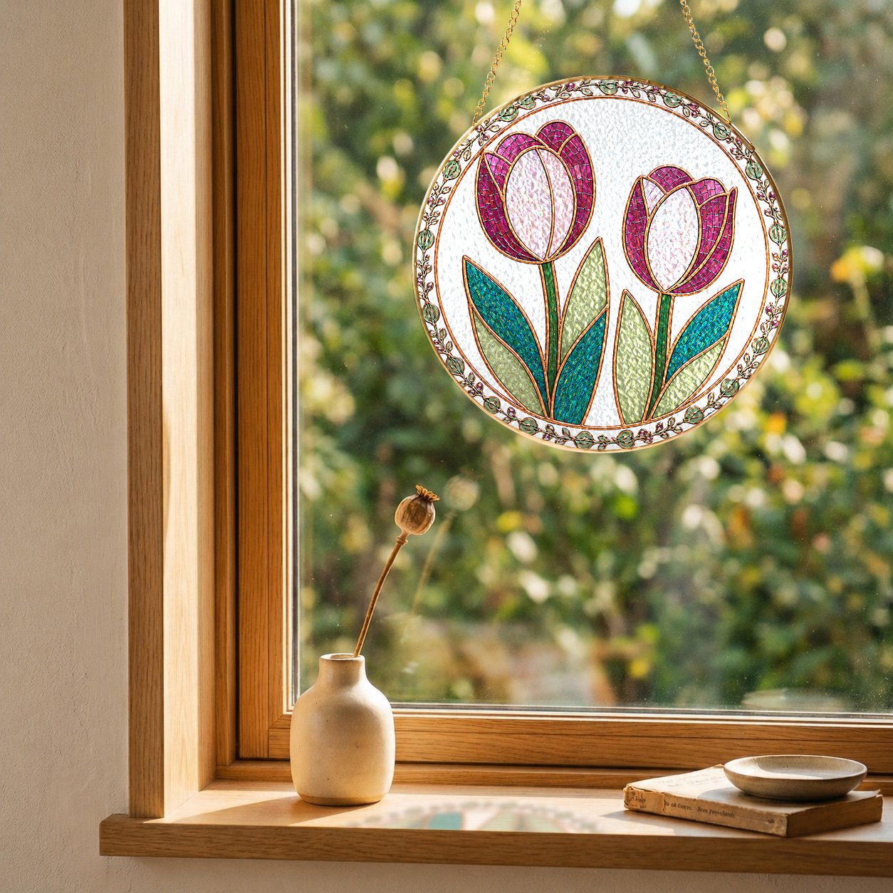 Pink tulip stained glass suncatcher