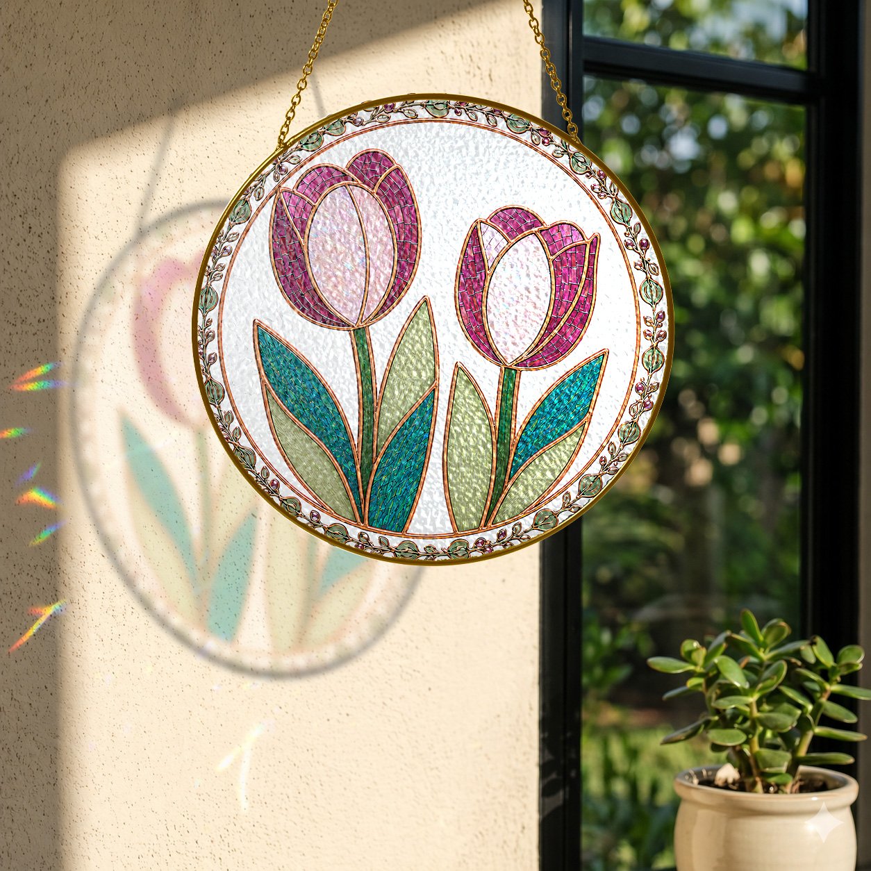 Pink tulip stained glass suncatcher