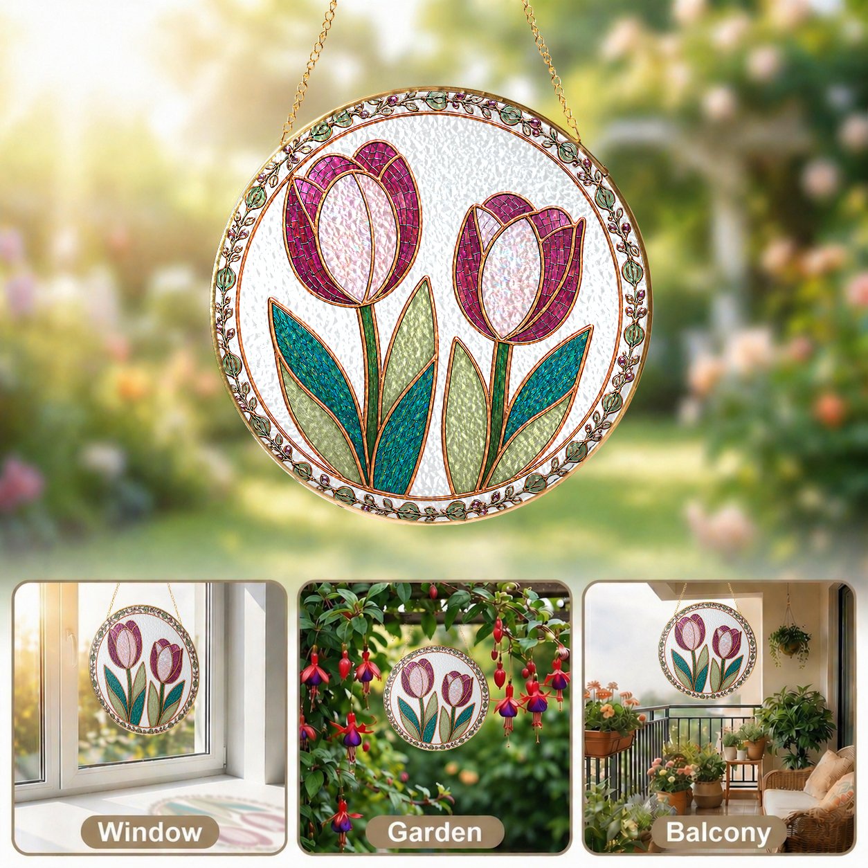 Pink tulip stained glass suncatcher packaging