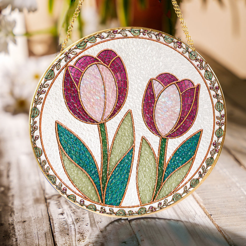 Pink tulip stained glass suncatcher