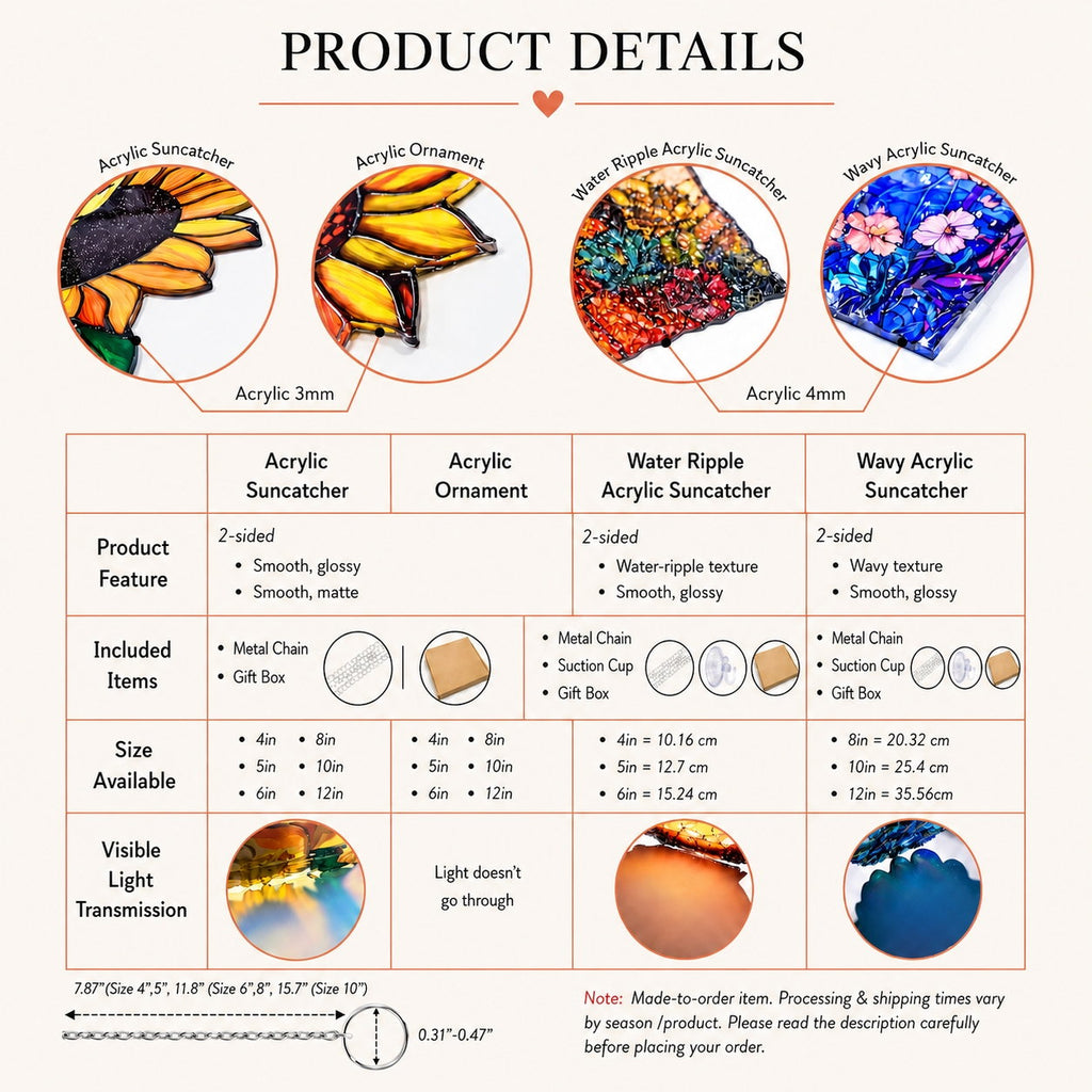 Pixiwoo product details – acrylic suncatcher sizes, materials and included items