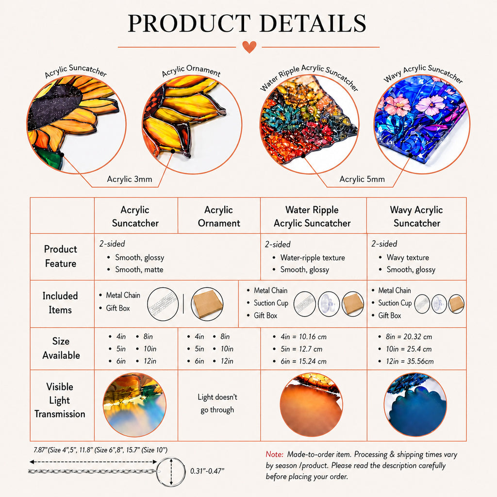 Pixiwoo product details – acrylic suncatcher sizes, materials and included items