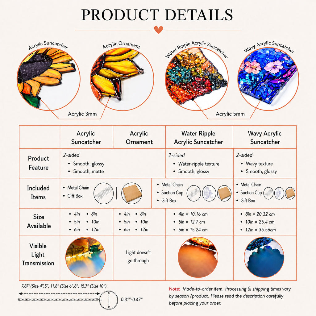 Pixiwoo product details – acrylic suncatcher sizes, materials and included items
