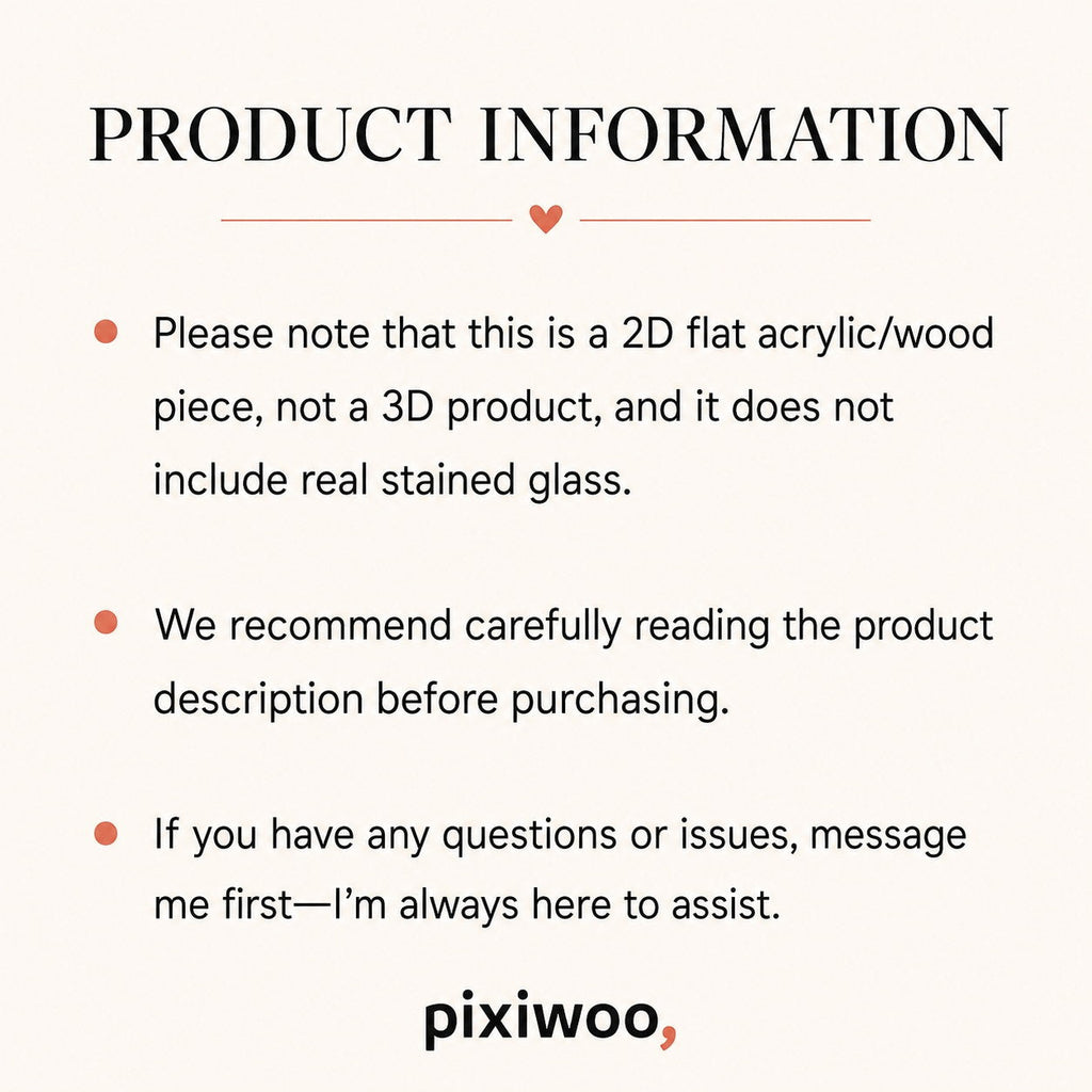 Pixiwoo product information – 2D flat acrylic piece, not real stained glass