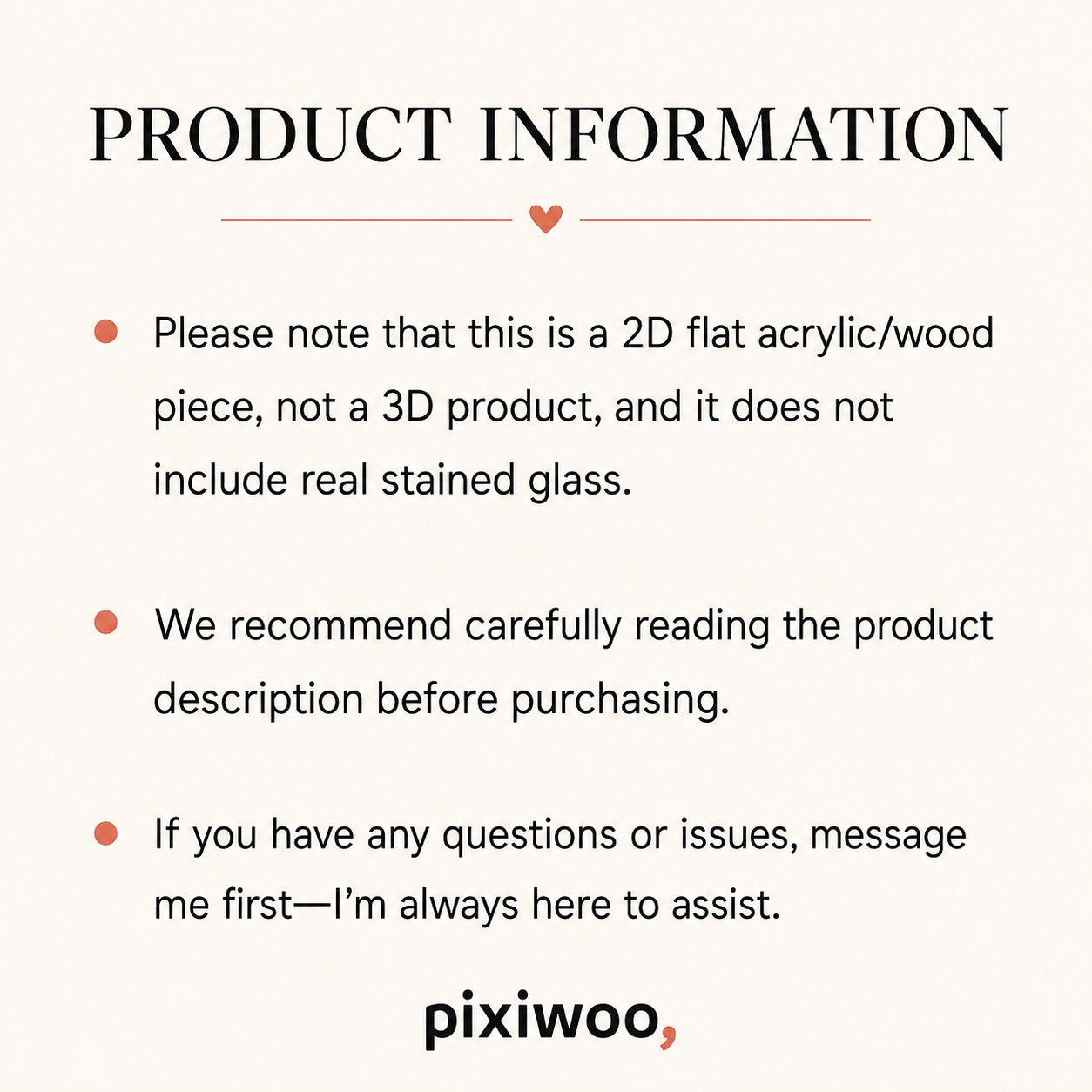 Pixiwoo product information – 2D flat acrylic piece, not real stained glass