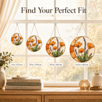 Set of round stained glass panels with floral designs hanging on a window sill.