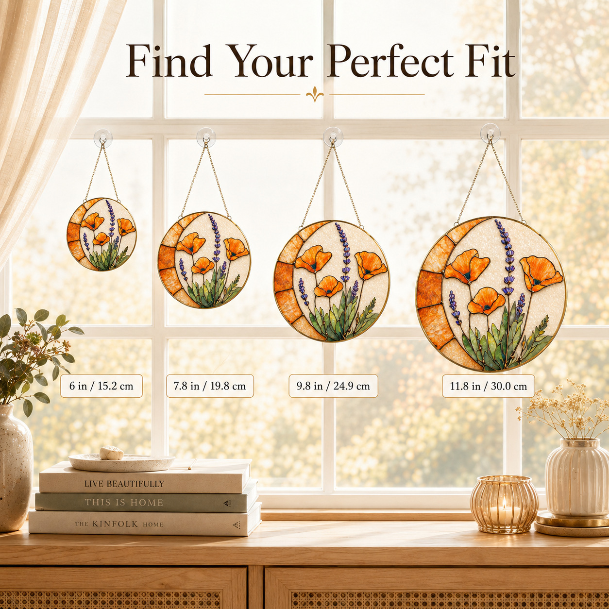 Set of round stained glass panels with floral designs hanging on a window sill.