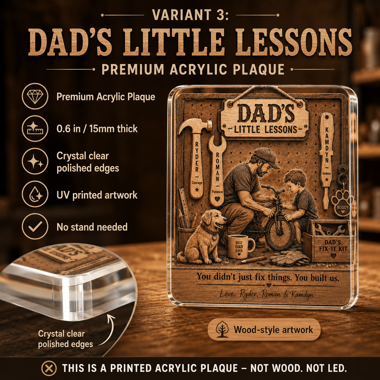 Premium acrylic handyman dad plaque with polished edges and UV printed artwork