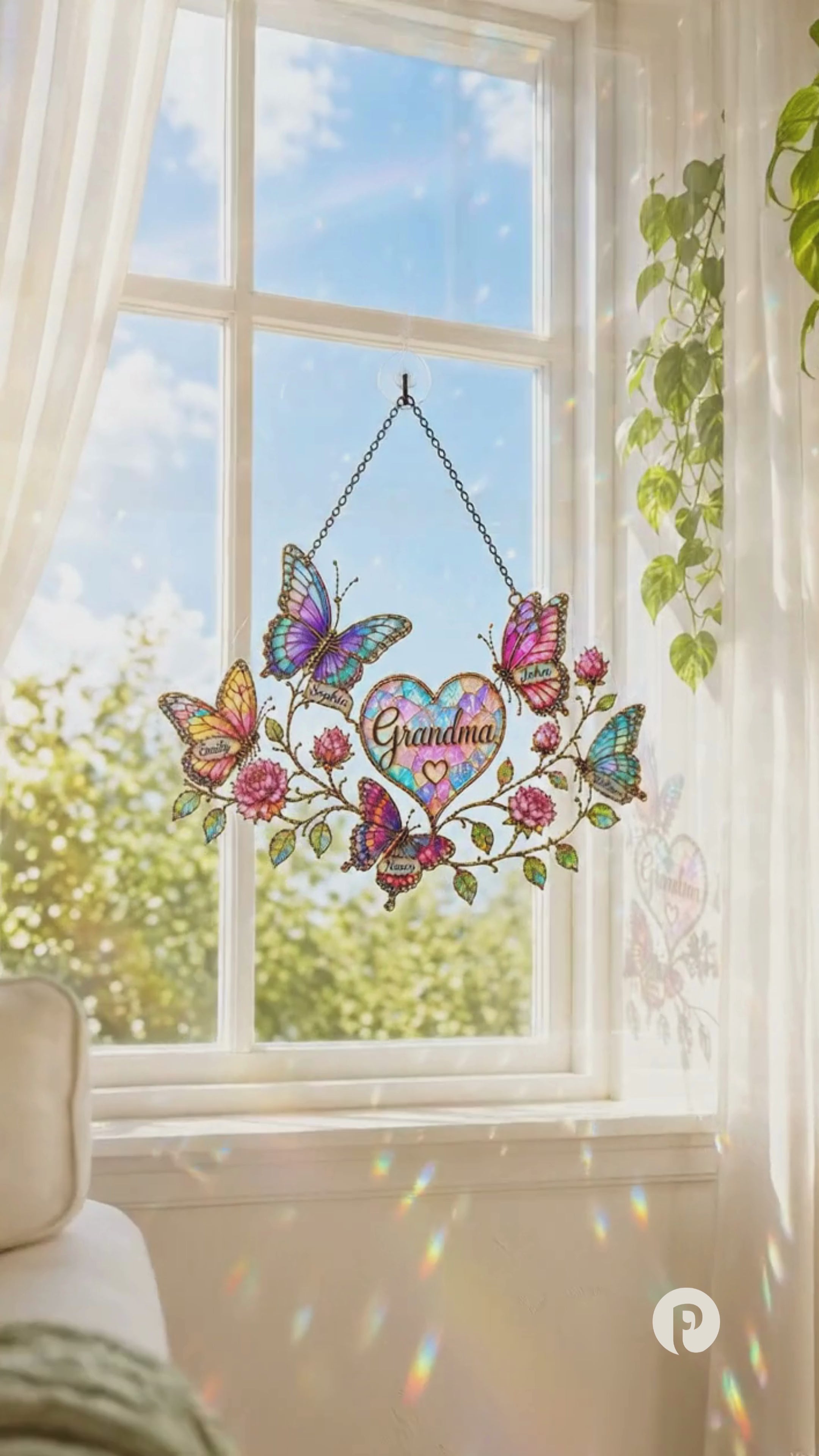 Personalized Grandma Butterfly & Heart Holographic Acrylic Suncatcher