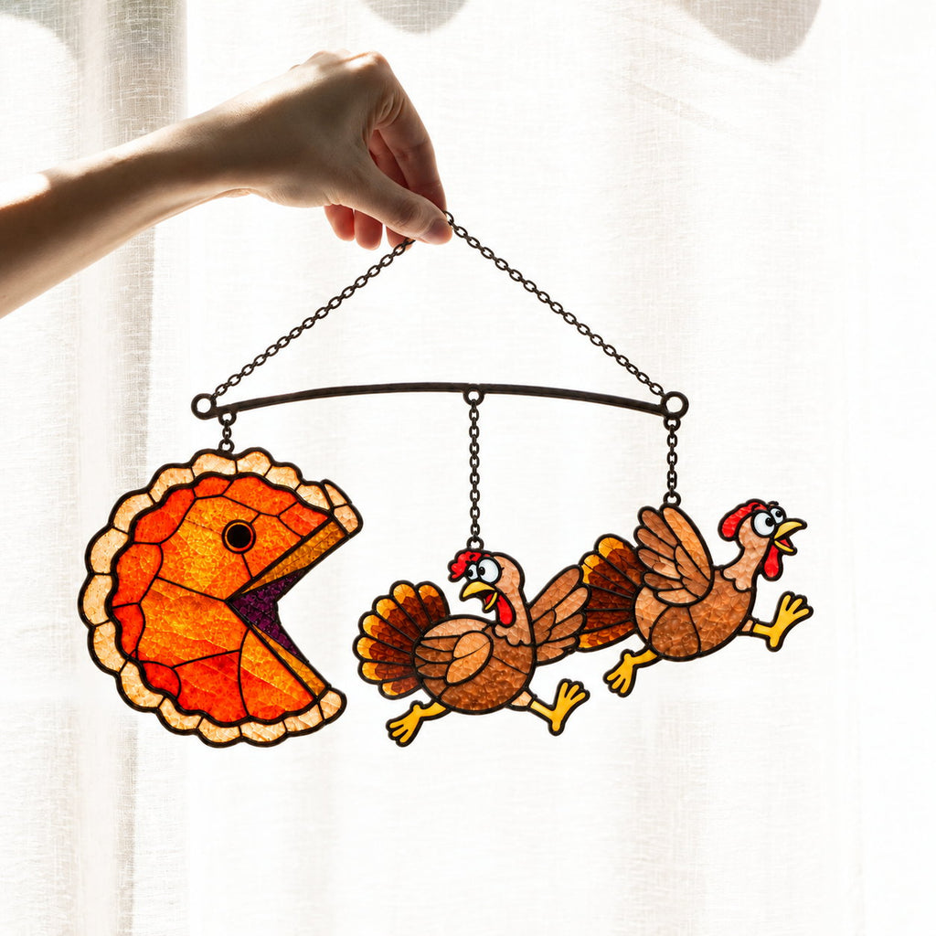 Pumpkin Pie Chasing Turkey Holographic Acrylic Suncatcher
