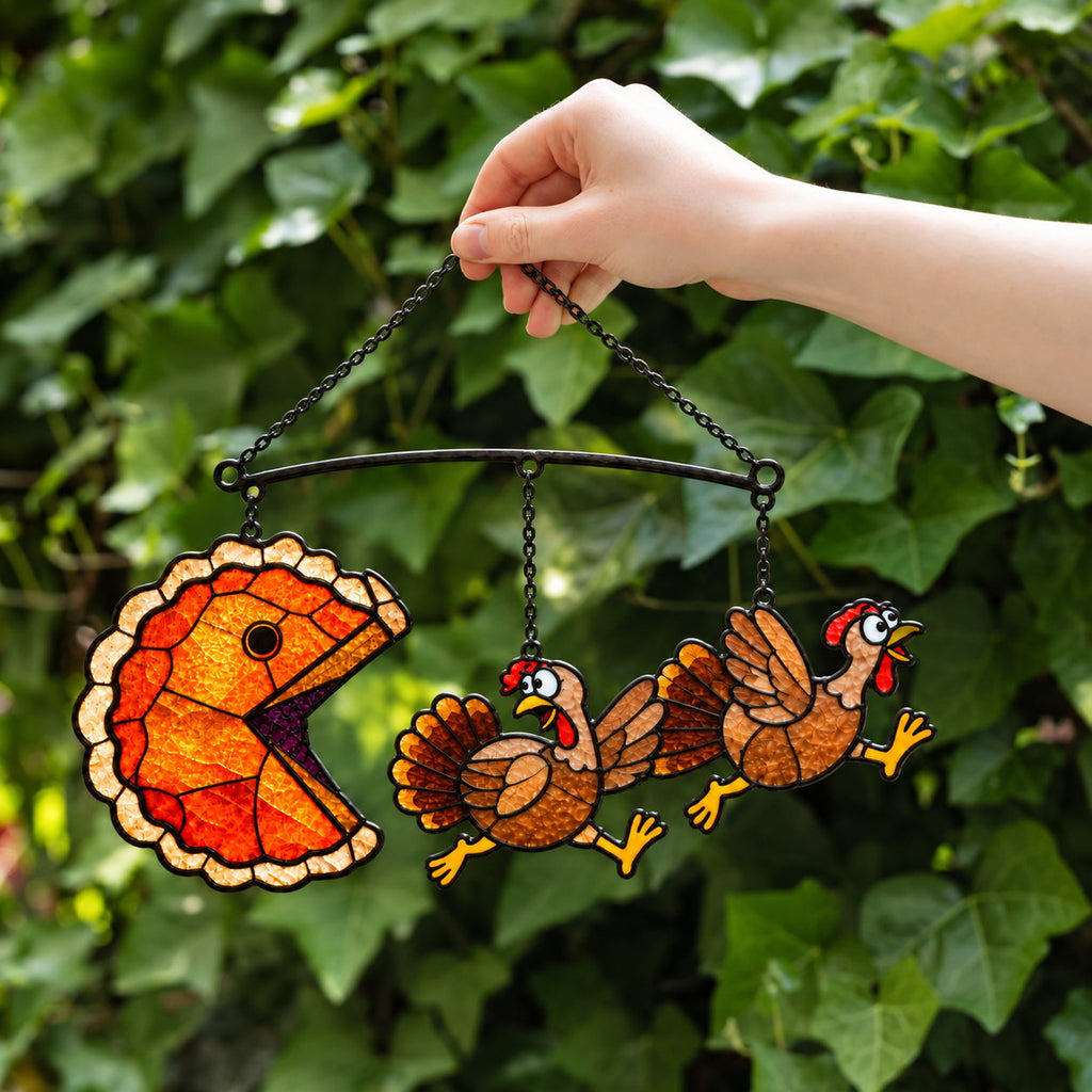 Pumpkin Pie Chasing Turkey Holographic Acrylic Suncatcher