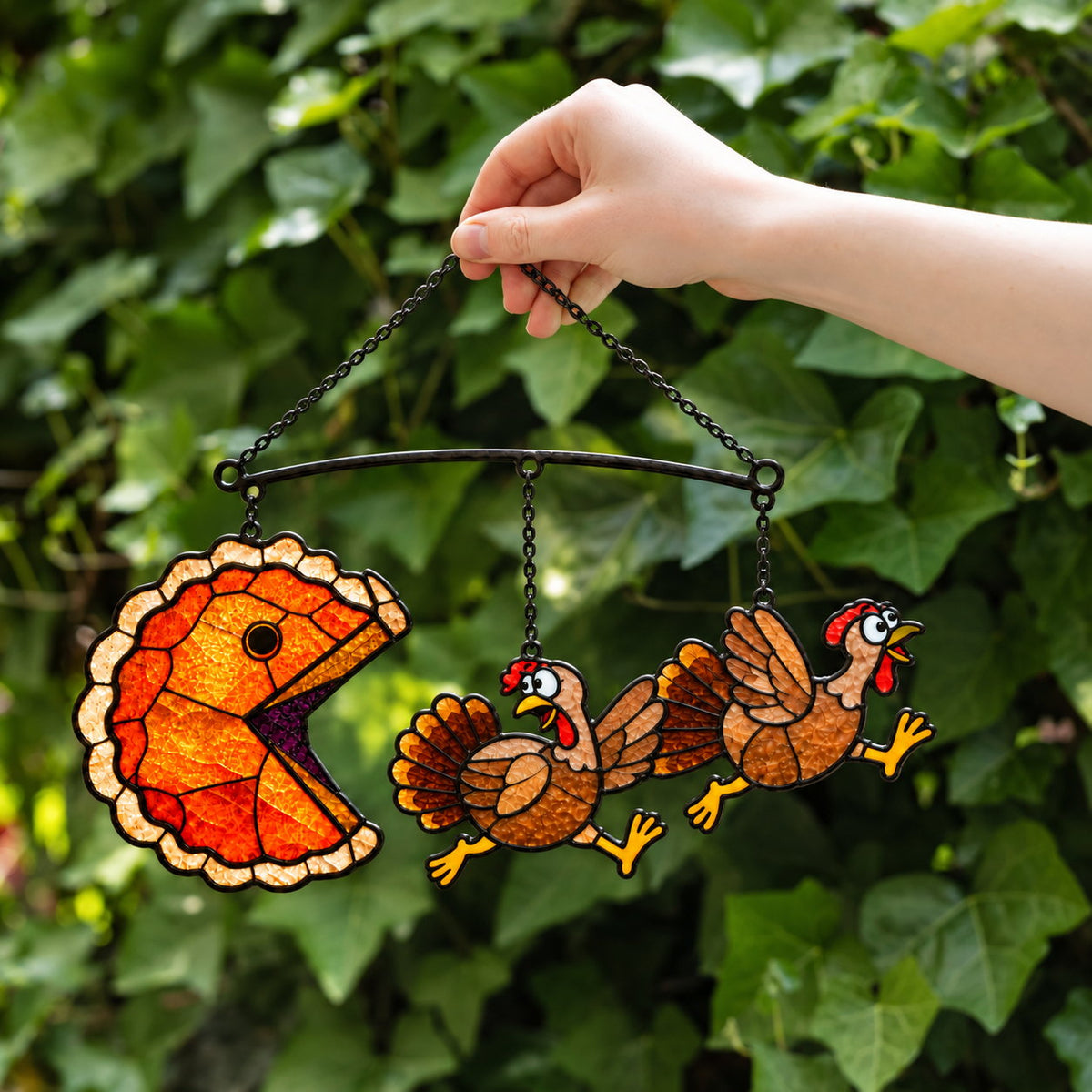 Pumpkin Pie Chasing Turkey Holographic Acrylic Suncatcher