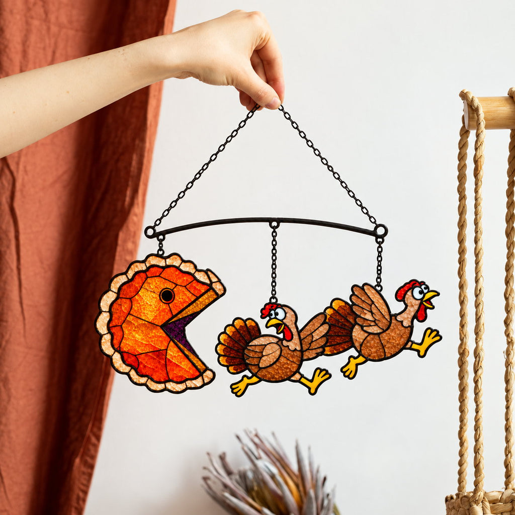 Pumpkin Pie Chasing Turkey Holographic Acrylic Suncatcher
