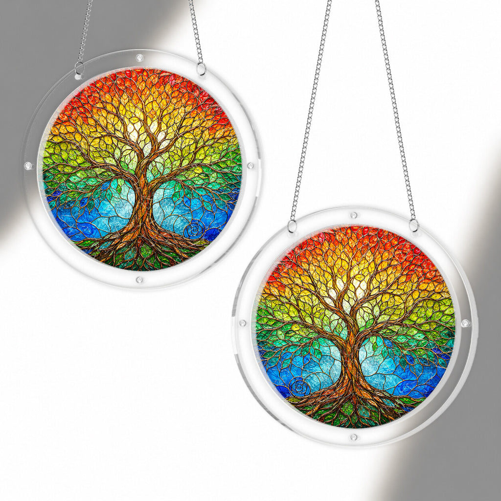 Rainbow tree of life acrylic puzzle suncatcher, colorful DIY window decor