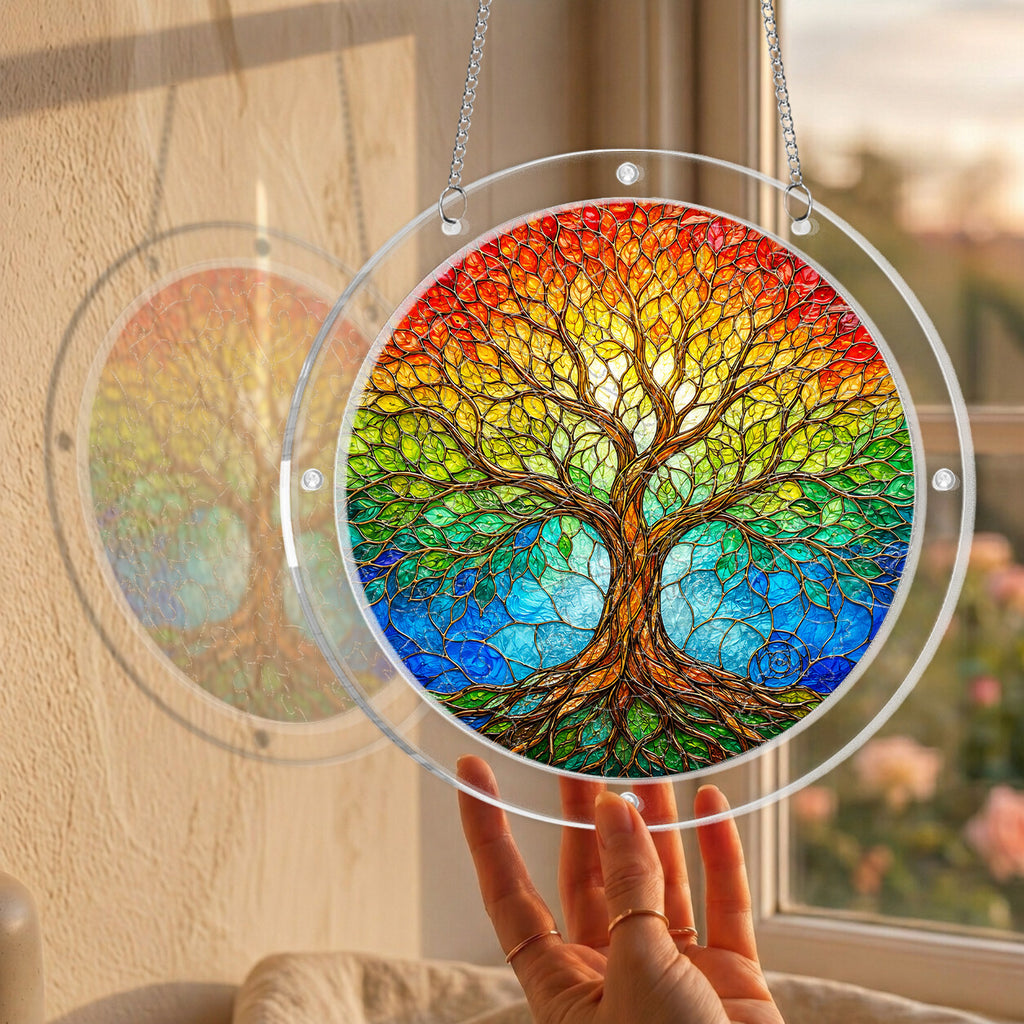 Rainbow tree of life acrylic puzzle suncatcher, colorful DIY window decor