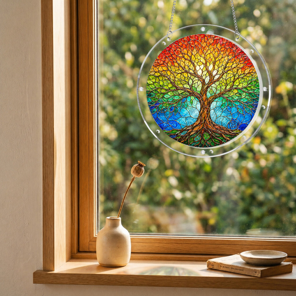 Rainbow tree of life acrylic puzzle suncatcher, colorful DIY window decor