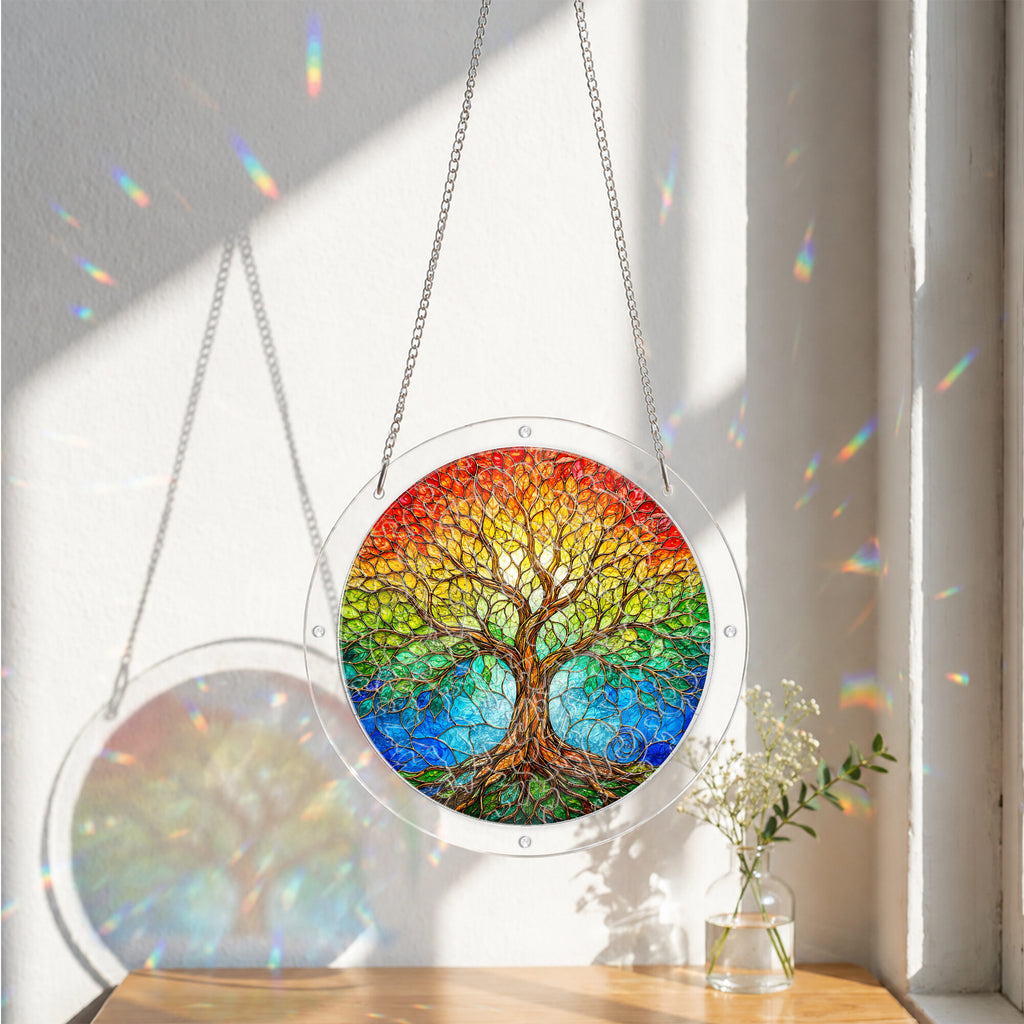 Rainbow tree of life acrylic puzzle suncatcher, colorful DIY window decor