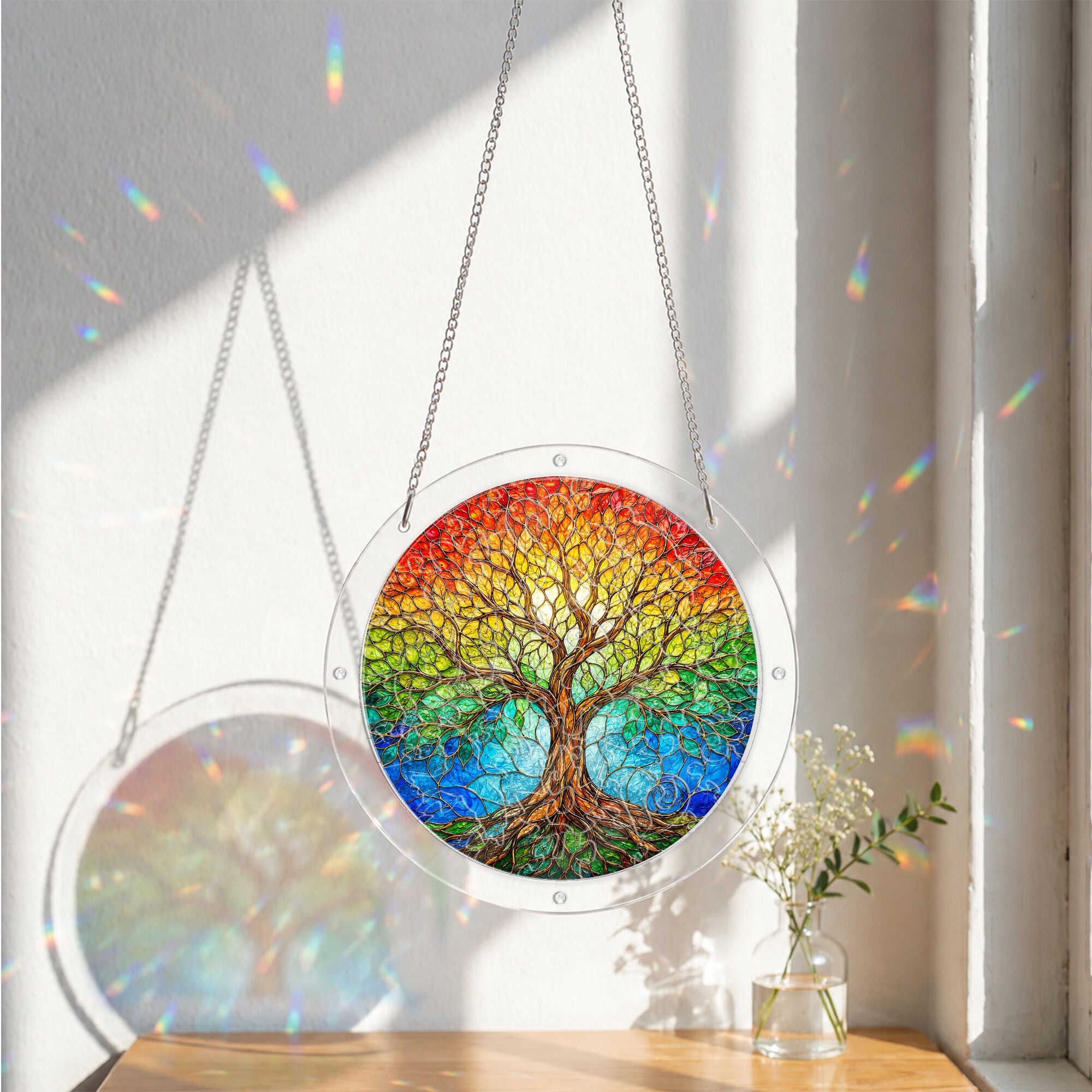 Rainbow tree of life acrylic puzzle suncatcher, colorful DIY window decor