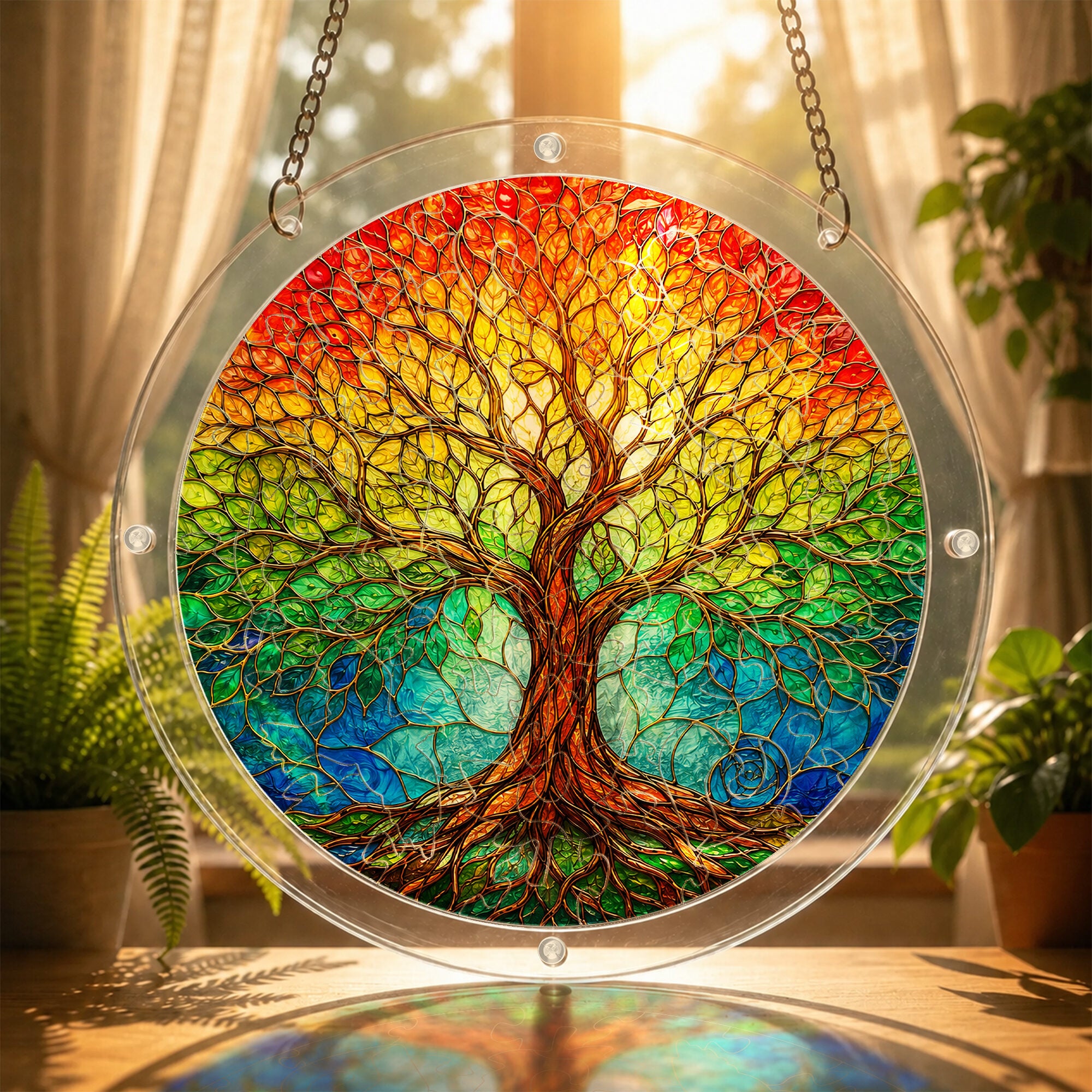 Rainbow tree of life acrylic puzzle suncatcher, colorful DIY window decor
