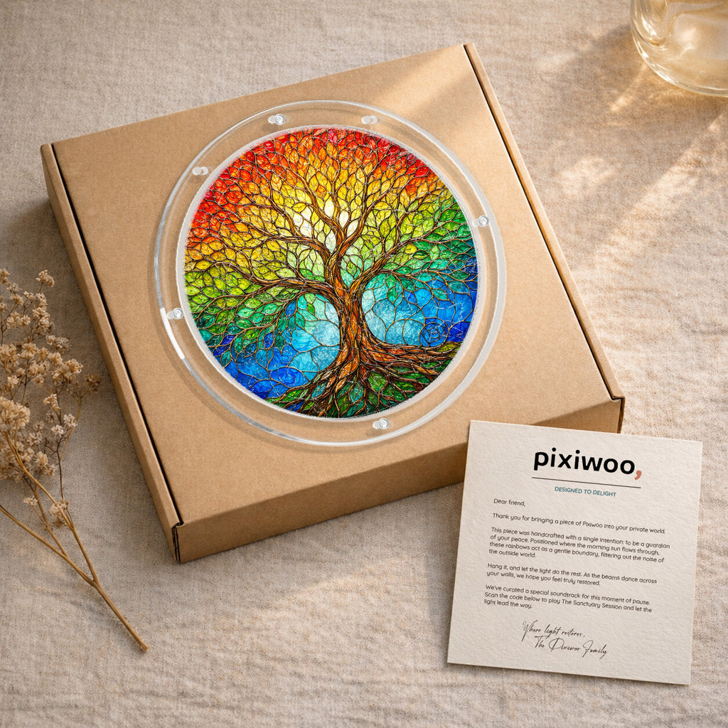 Rainbow tree of life acrylic puzzle suncatcher, colorful DIY window decor