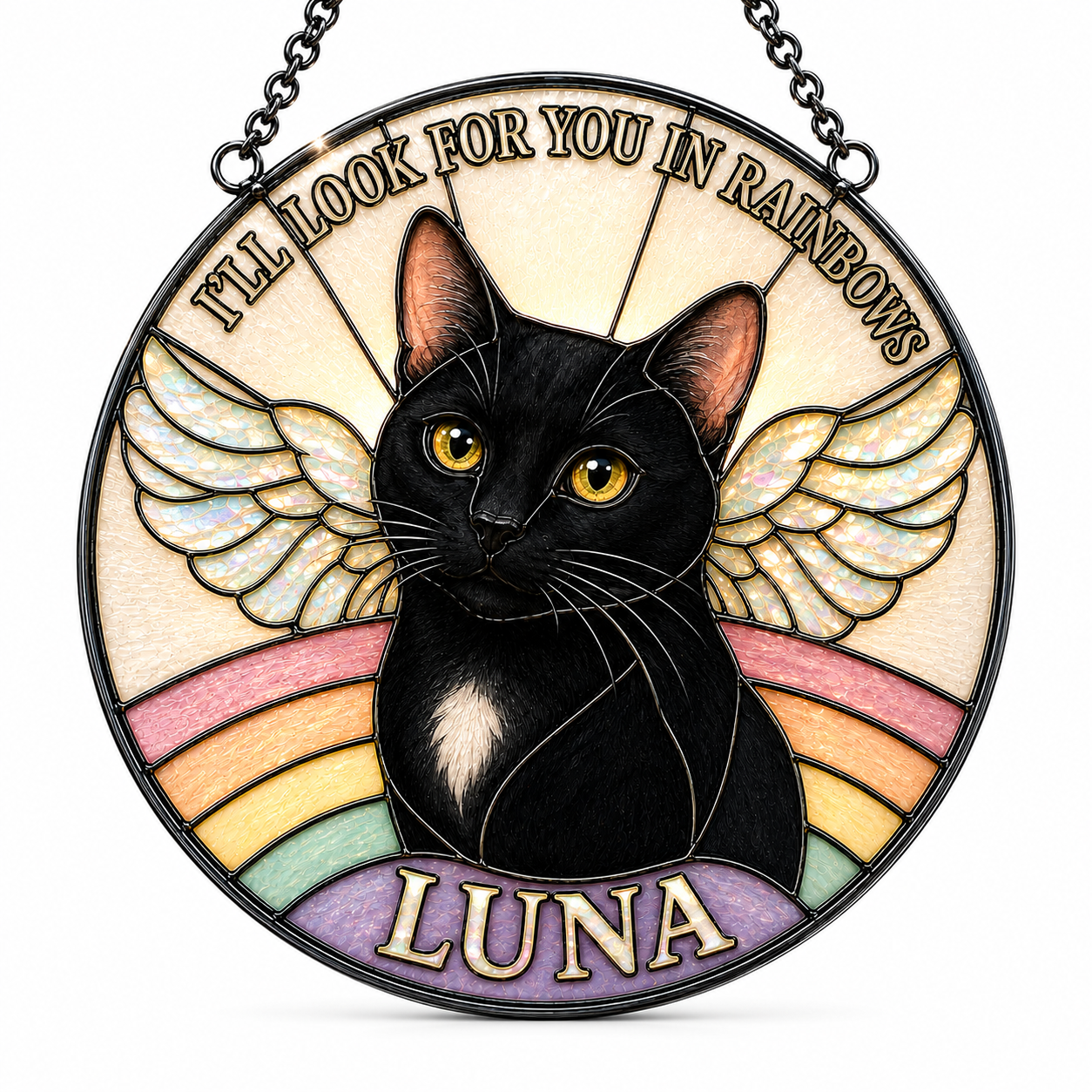 Stained glass panel with a black cat, rainbow, and angel wings, featuring the text 'I'll look for you in rainbows Luna'.