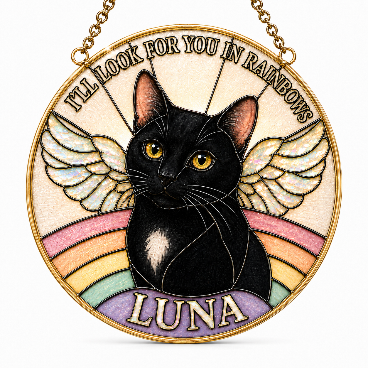 Decorative plaque with a black cat, rainbow, and angel wings, featuring the text 'I'll look for you in rainbows Luna'.