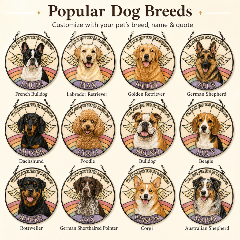 Collection of circular dog portraits with names and breeds on a white background