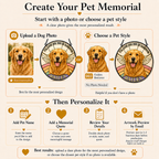 Pet memorial creation process with options to upload a dog photo or choose a pet style, followed by personalization steps.