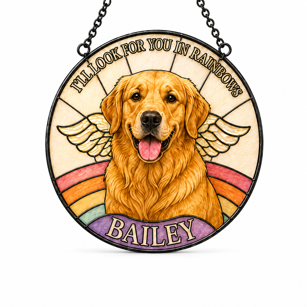 Circular pendant with a golden retriever illustration, rainbow, and 'I'll look for you in rainbows' text on a white background.