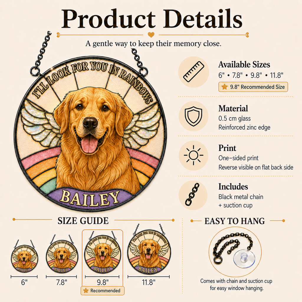 Product details of a dog memorial plaque with rainbow design and 'I'll look for you in rainbow' text.