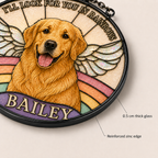 Decorative plaque with a golden retriever, rainbow, and angel wings, featuring the text 'I'll look for you in rainbows' and 'Bailey'.