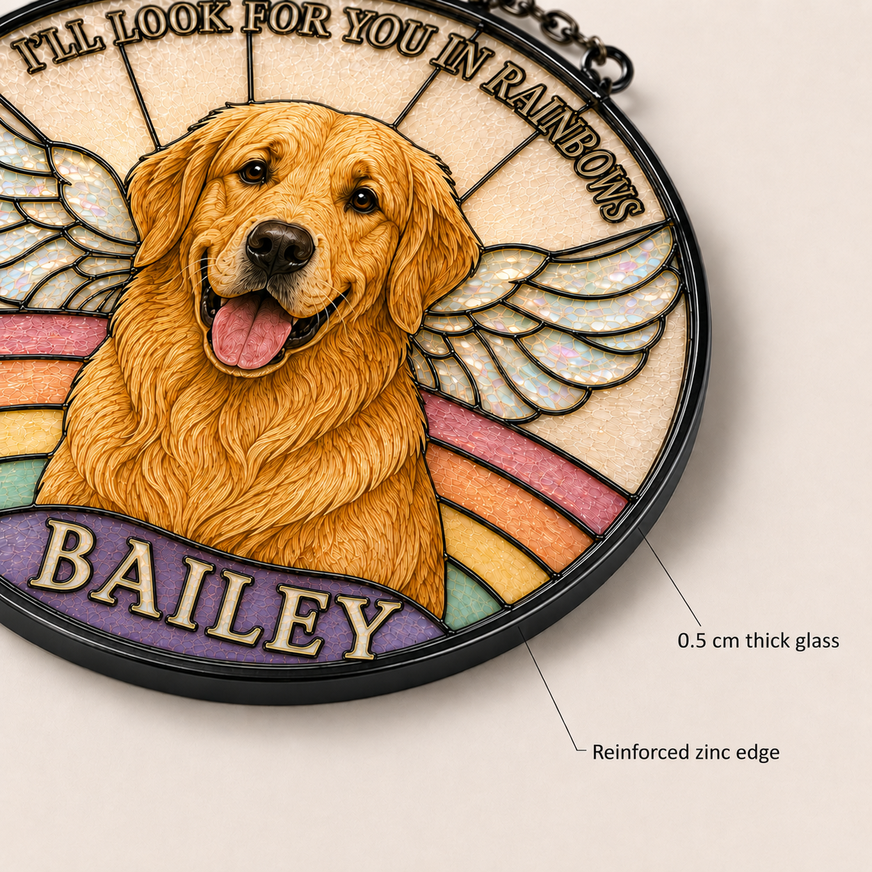 Decorative plaque with a golden retriever, rainbow, and angel wings, featuring the text 'I'll look for you in rainbows' and 'Bailey'.
