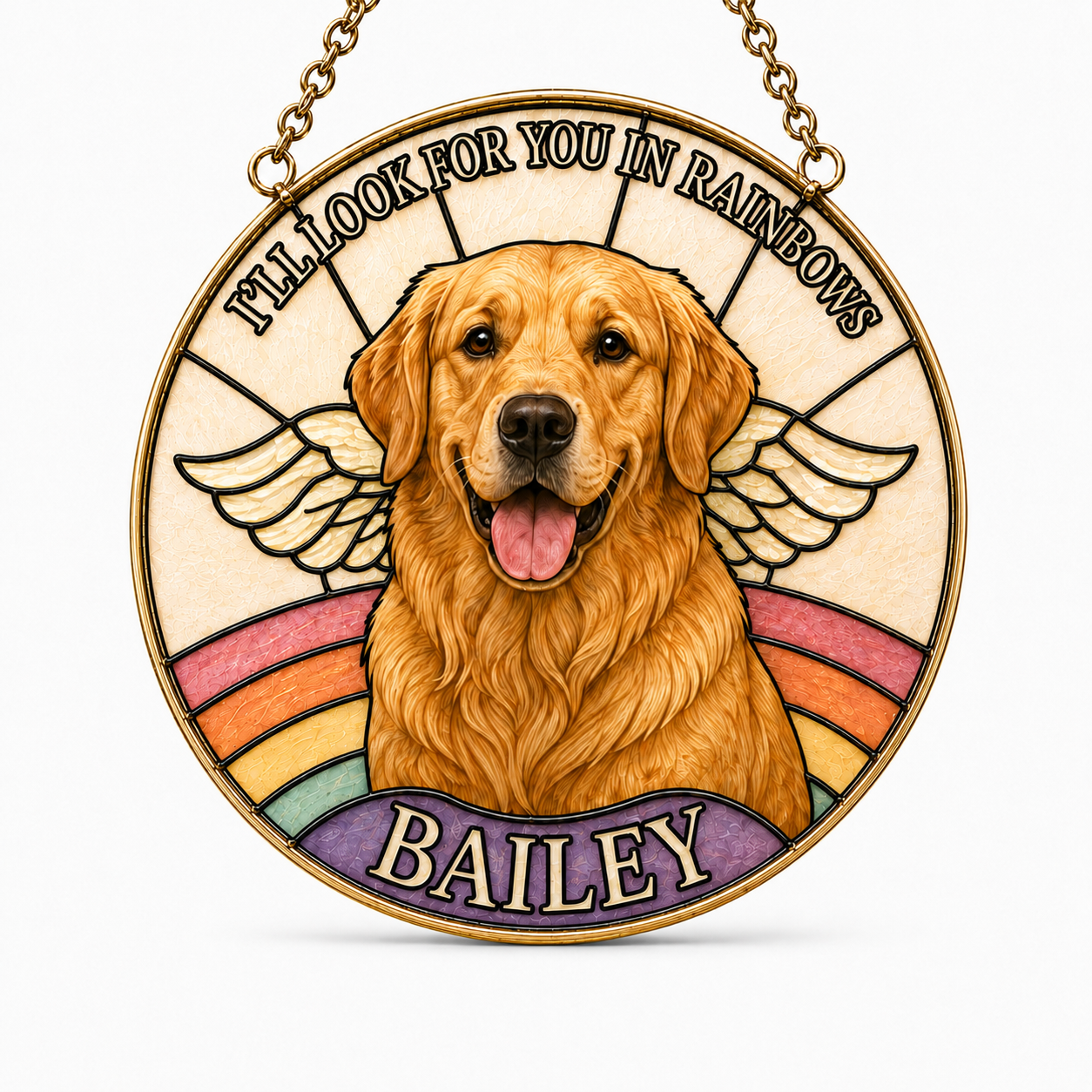 Memorial plaque with a golden retriever's portrait, rainbow design, and 'I'll look for you in rainbows' text on a white background.
