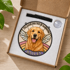 Decorative plaque with a golden retriever named Bailey in a box on a wooden surface.
