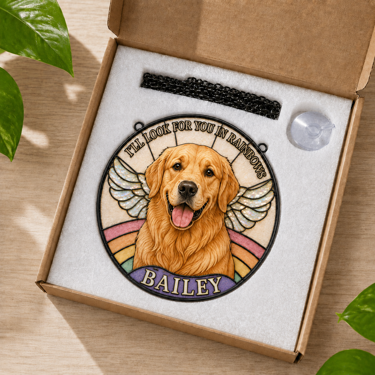 Decorative plaque with a golden retriever named Bailey in a box on a wooden surface.
