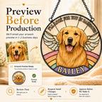 Decorative plaque with a golden retriever named Bailey and rainbow design, featuring text about artwork preview and production.