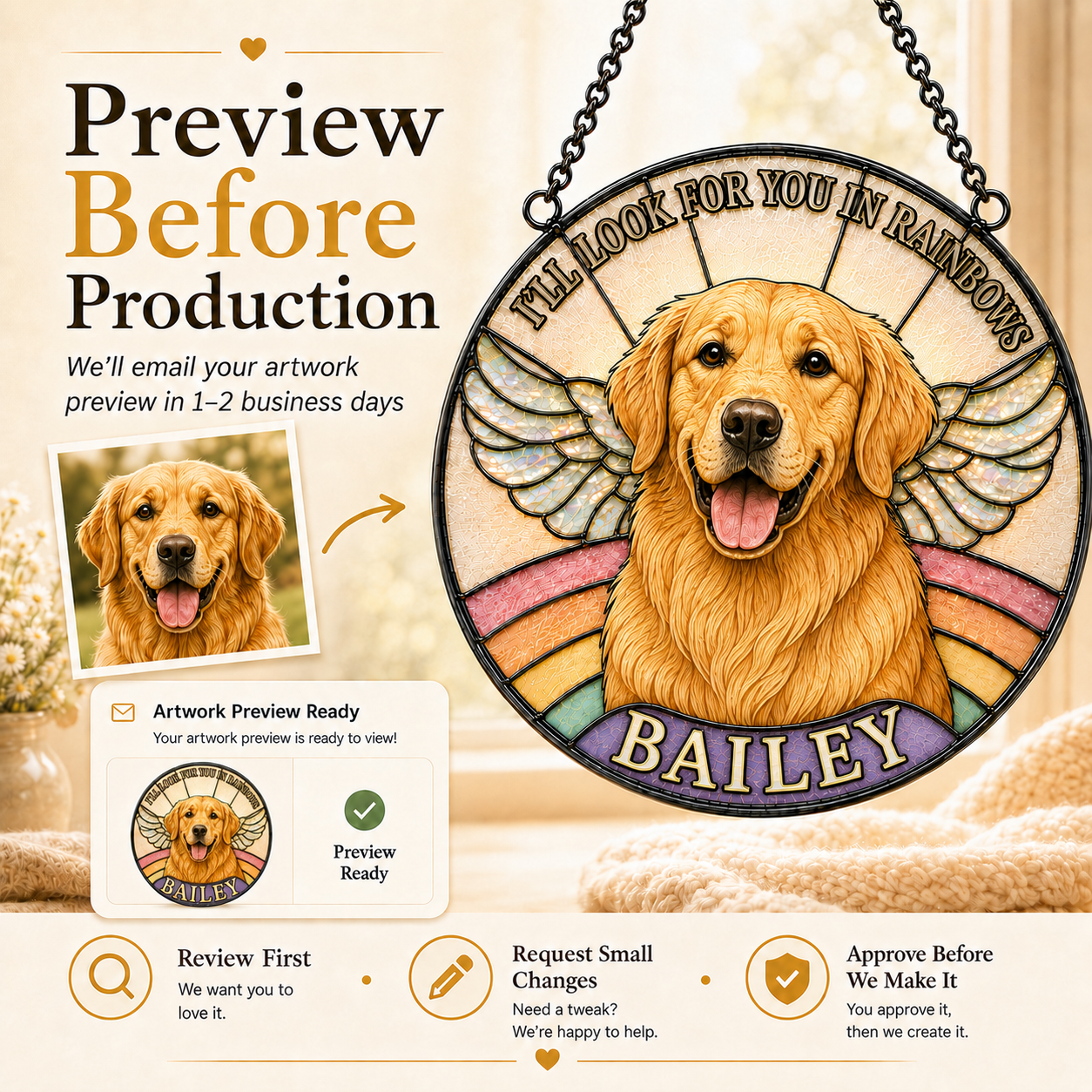 Decorative plaque with a golden retriever named Bailey and rainbow design, featuring text about artwork preview and production.