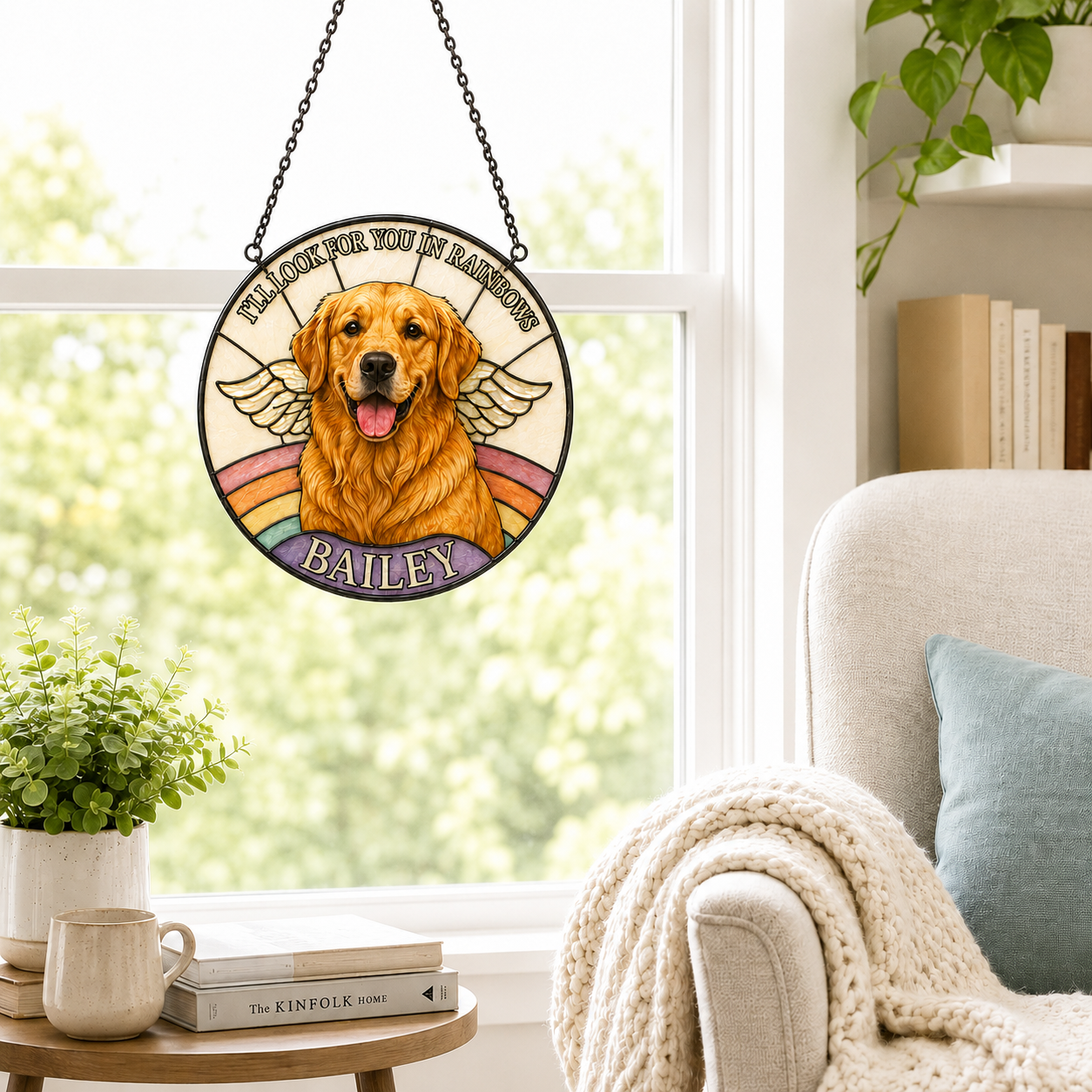 Decorative hanging sign with a golden retriever named Bailey in a living room setting.
