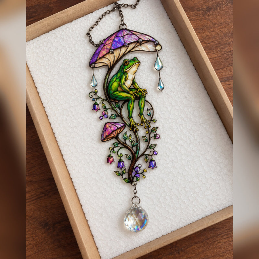 Frog & Mushroom Umbrella suncatcher unboxed in its gift box