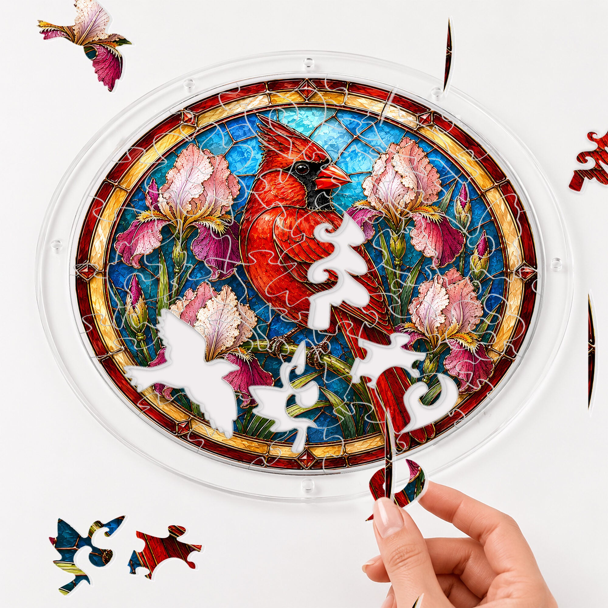 Red cardinal acrylic puzzle suncatcher, colorful DIY stained-glass-style window decor